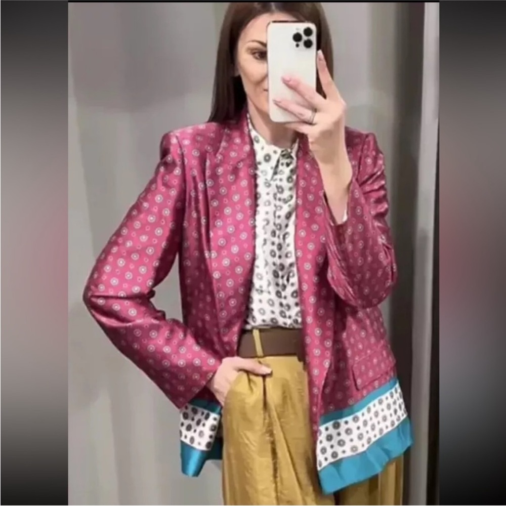 Zara Satin Effect Printed Open Front Blazer Jacket Pink Teal Blue size Small - Picture 4 of 14